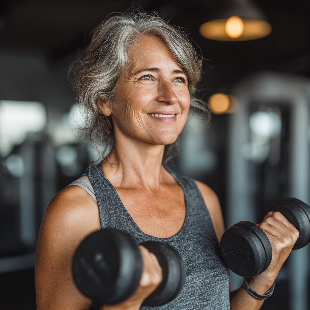 Mature woman in her 50s practicing fitness exercises in a modern gym, smiling confidently while holding dumbbells