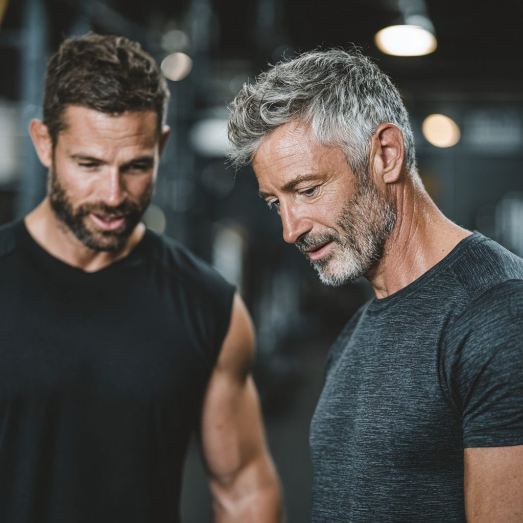Professional fitness coach in his 40s guiding a mature adult during a workout session in a well-equipped gym